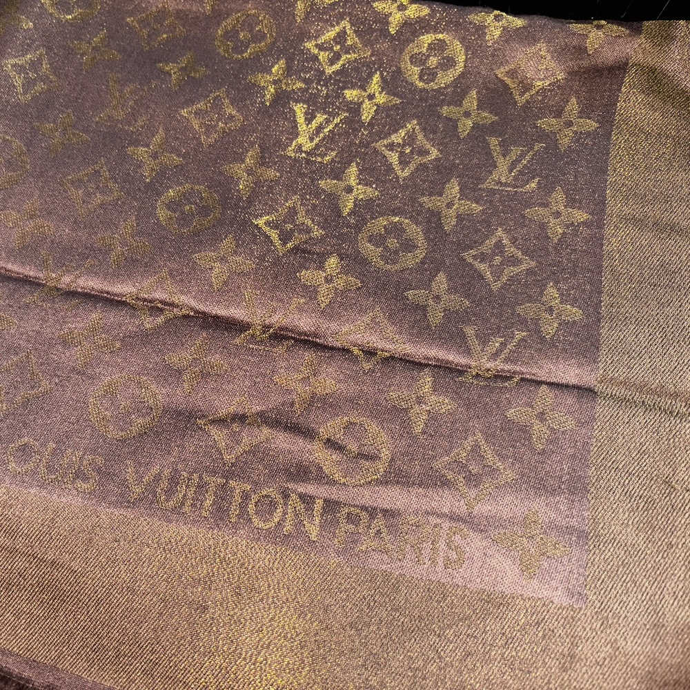 Louis Vuitton Monogramed Silk Shawl. 60% silk, 40% wool.